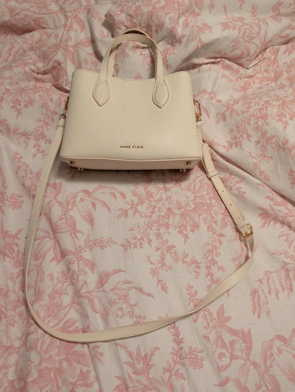 Anne Klein Ivory Saffiano-Textured Satchel Crossbody Gold Hardware
